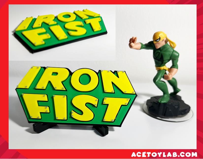Iron Fist 3D +Magnetic Logo Display for Marvel Legends Action Figures, LEGO, Funko, Comics, and More.