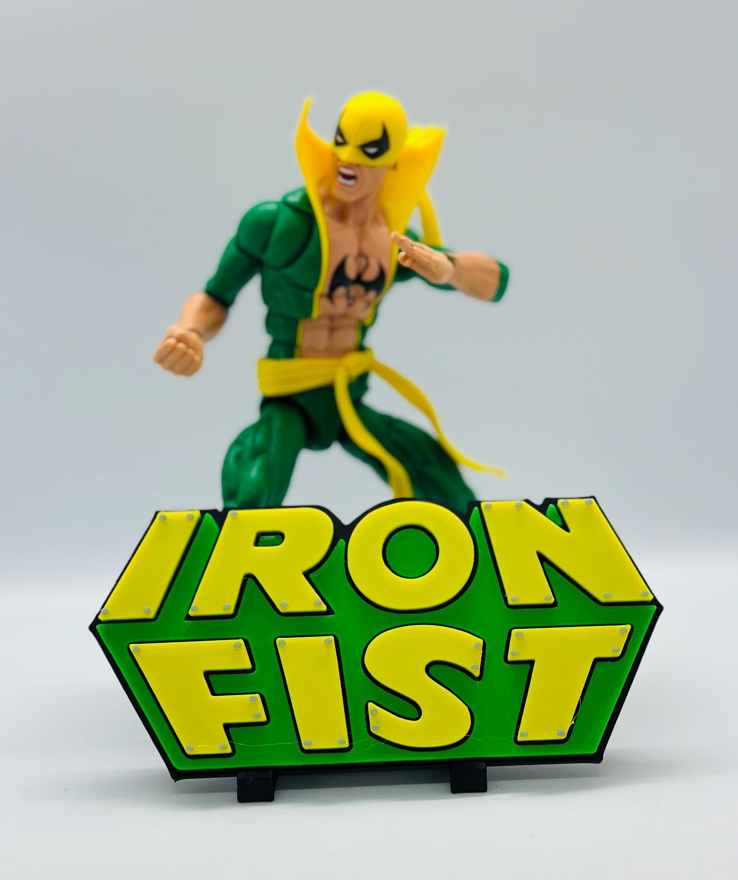 Iron Fist 3D +Magnetic Logo Display for Marvel Legends Action Figures, LEGO, Funko, Comics, and More.