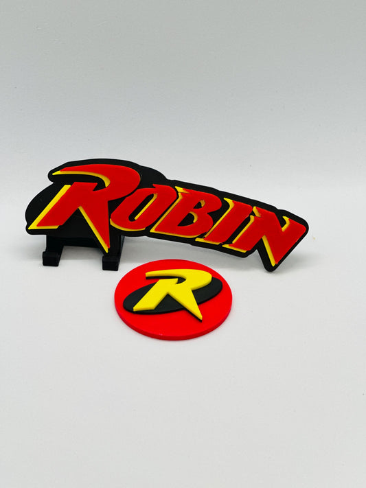 ROBIN from Batman  3D Logo Display for MCfARLANE TOYS Action Figures, LEGO, Comics, and More.
